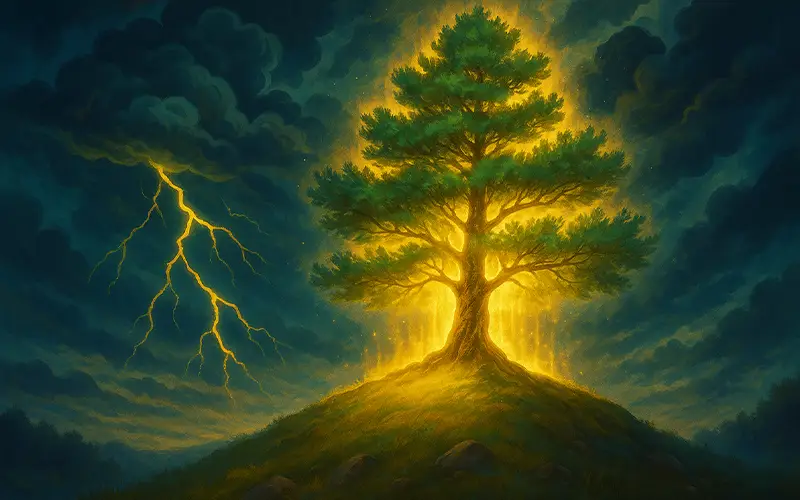 Glowing pine tree on a hill symbolizing Thalia’s sacrifice
